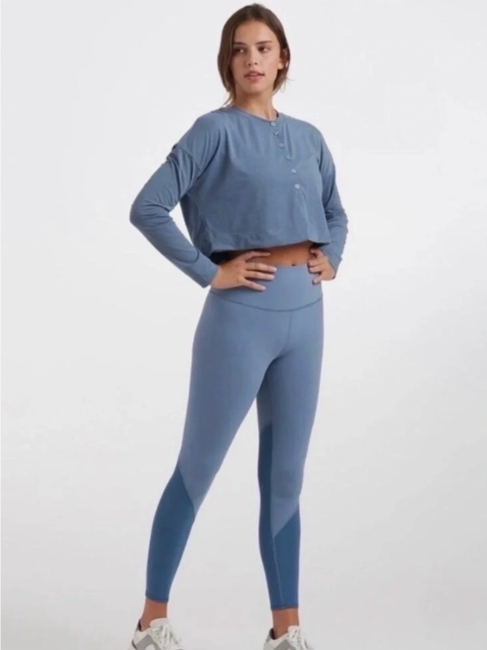 18. Vuori Avalon Long-Sleeve Cropped Henley Top in Dusty Blue - Picture 1 of 3